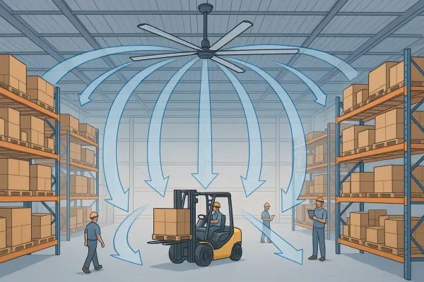 air circulation pattern of an HVLS ceiling fan in a warehouse